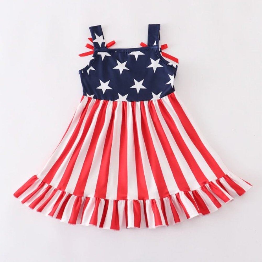 4th of July Girls Boutique Patriotic Star & Stripes Flag Dress - Picture 4 of 5